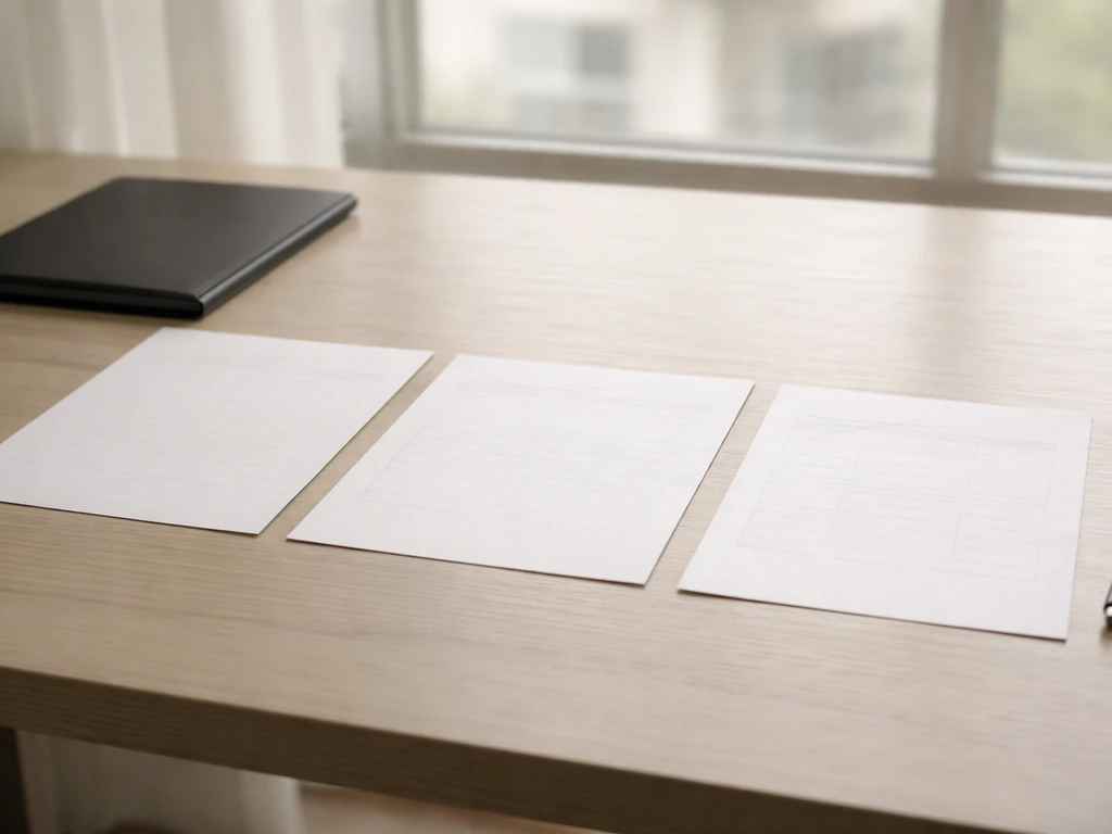 Minimal desk scene with contract papers, material spec sheet, and itemized payment schedule laid out for review.