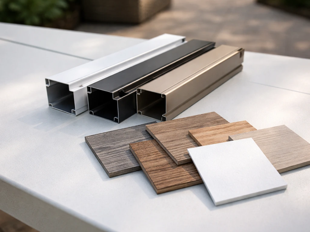 Close-up of patio cover material samples, showing aluminum and wood/vinyl textures side by side