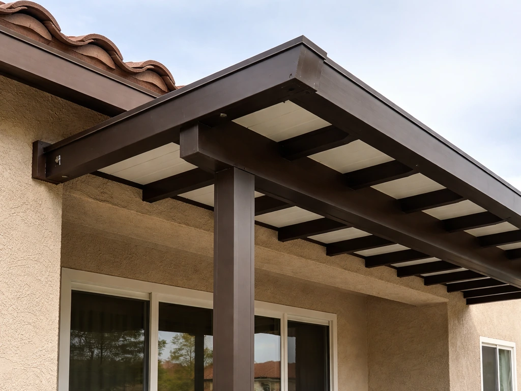 Patio cover aligned with stucco wall and tile roofline, showing clean custom installation.