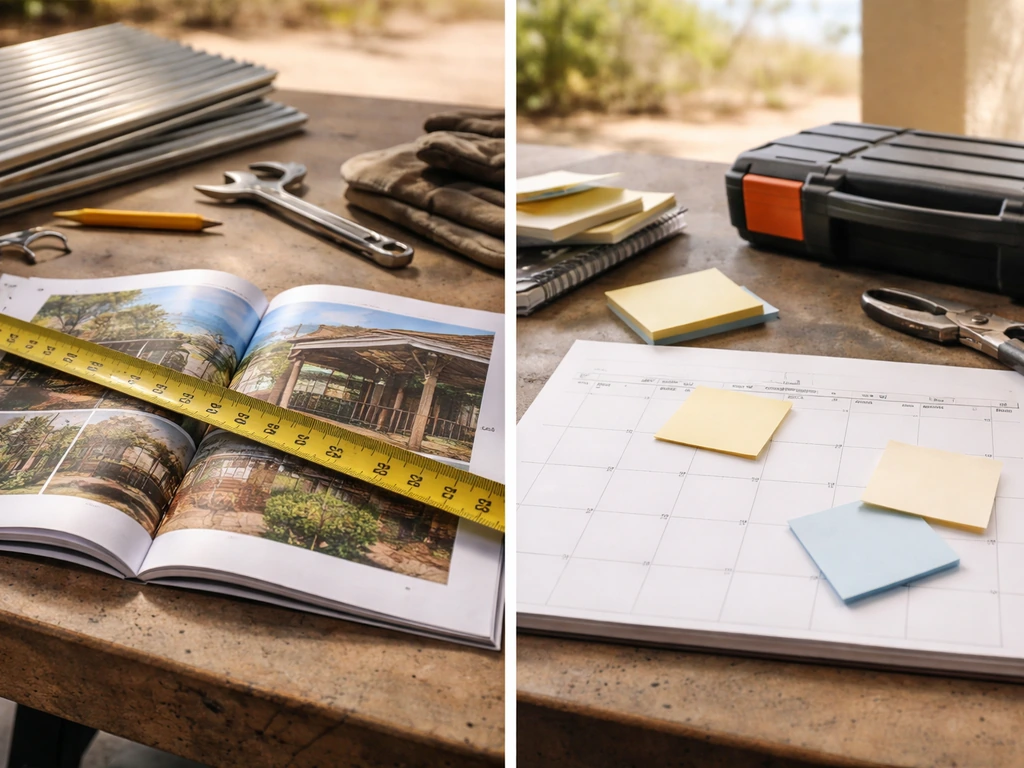 Split desk scene: measuring tape and patio materials on one side, blank calendar and notes on the other.