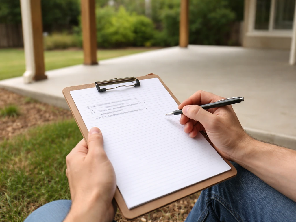 Close-up of hands reviewing a checklist on a clipboard with a patio structure blurred in the background.