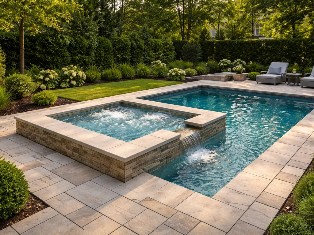 Backyard patio with a clean pool and spa, neat landscaping, no people, realistic contractor-quality finish.