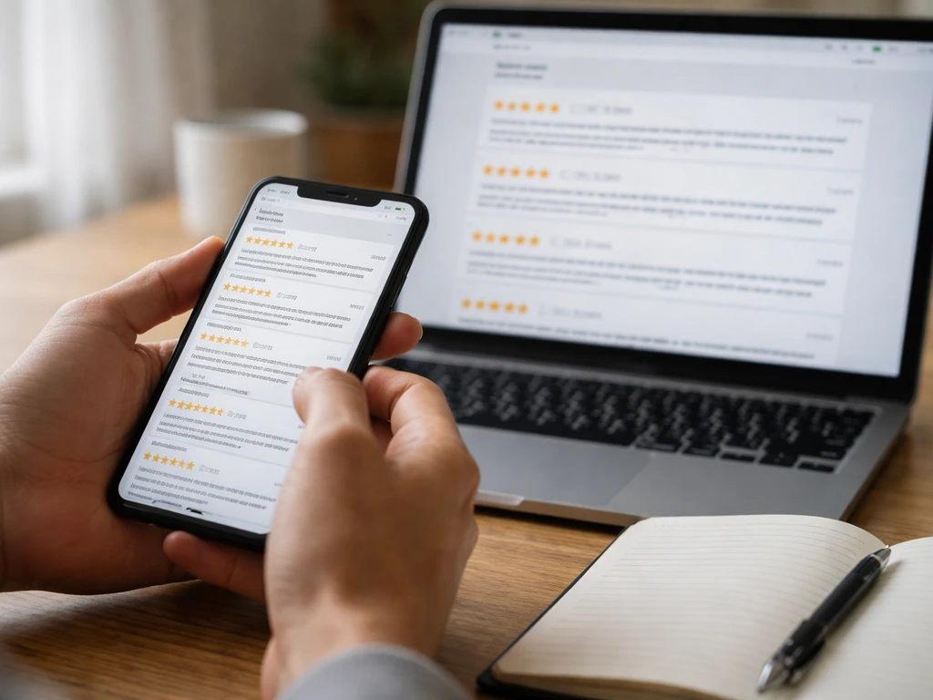 Anonymous hands comparing smartphone and laptop review metrics with stars and dates on a minimal desk.