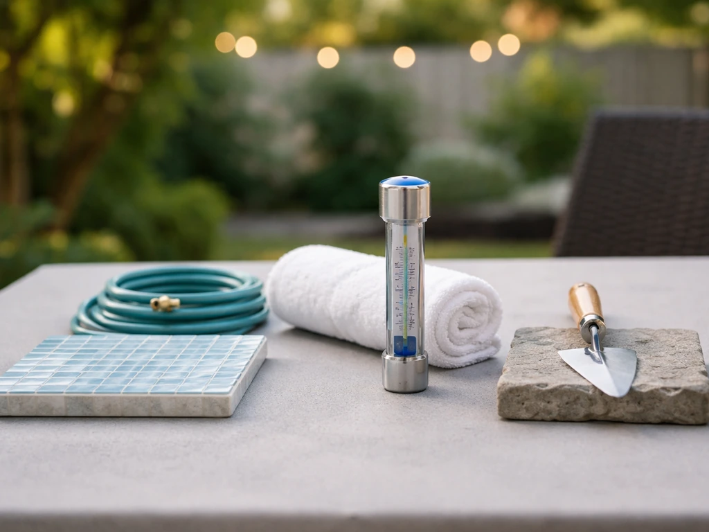 Objects hinting pool, spa, and patio project types arranged side-by-side on a patio table.