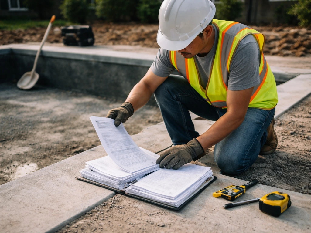 Contractor in safety gear reviewing permit and code compliance paperwork at a Kentucky pool construction site