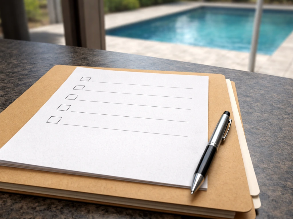 Minimal checklist page over a finished pool/patio closeout folder on a contractor work table.