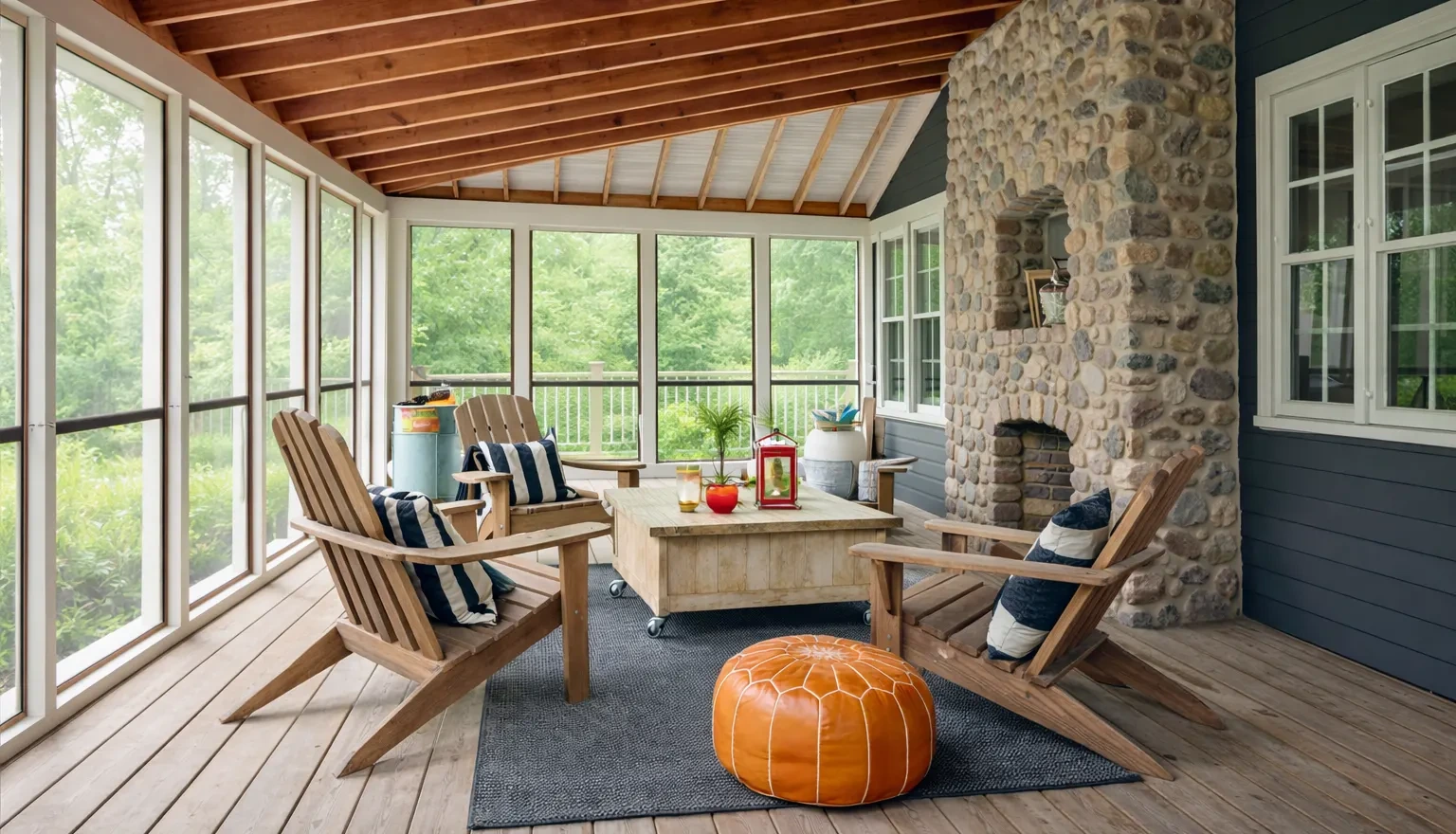 A screened porch with a stone fireplace, wooden ceiling beams, and Adirondack chairs arranged around a coffee table.