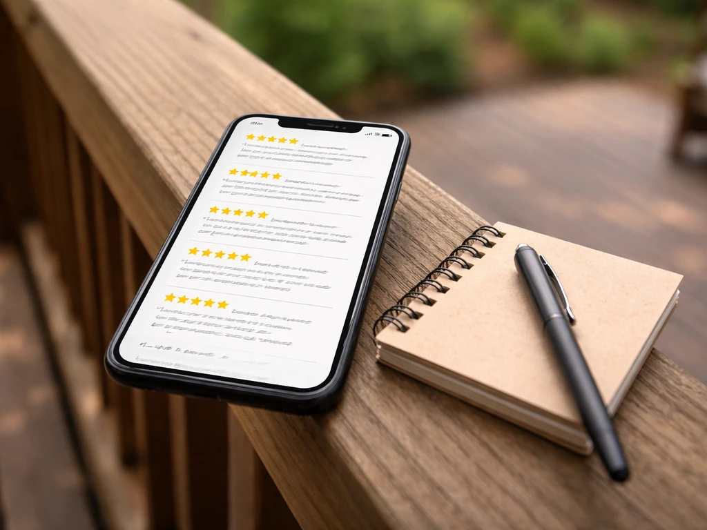 Close-up of a phone showing mixed star ratings and brief notes, suggesting reading review details.