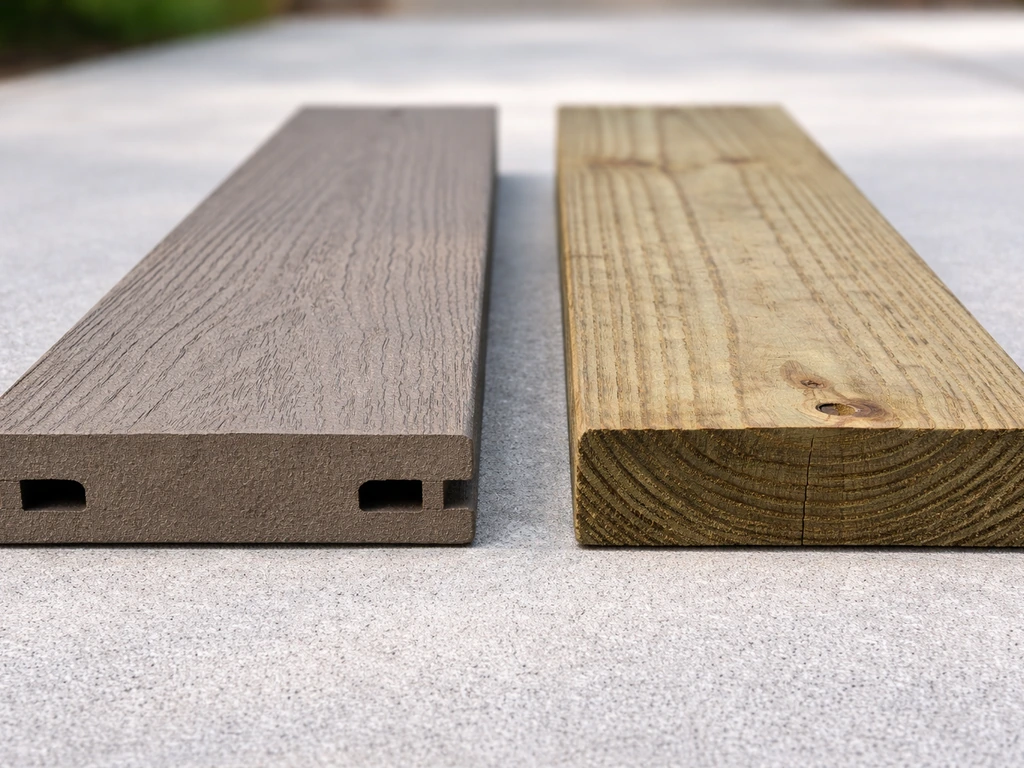 Close-up side-by-side composite decking board and pressure-treated lumber deck board textures and edges