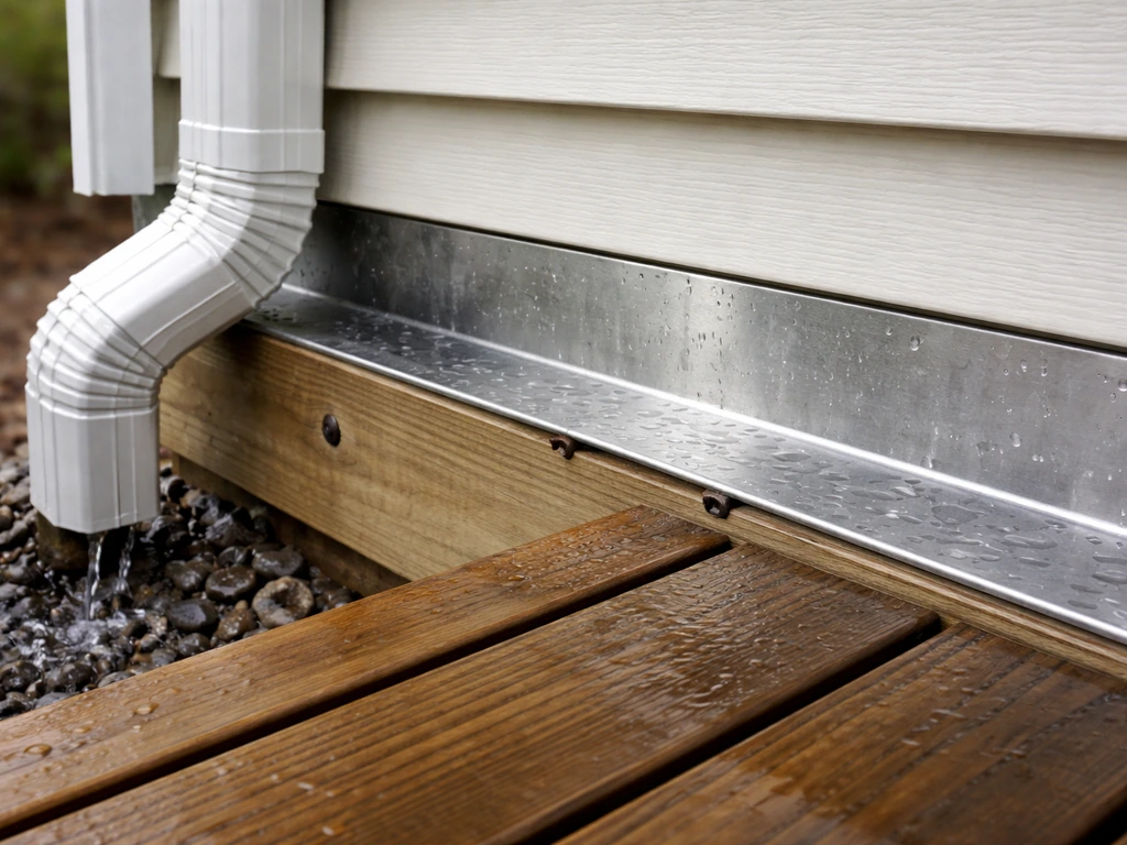 Close-up of deck-to-house flashing and gutter runoff showing proper water drainage