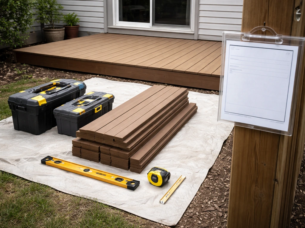 Minimal backyard deck site with organized tools and a posted permit placard near neatly staged materials.