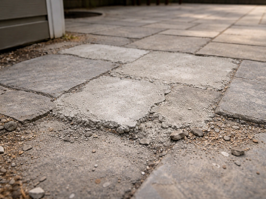 Close-up of uneven patio surface with rough unfinished cleanup area and visible rework patches