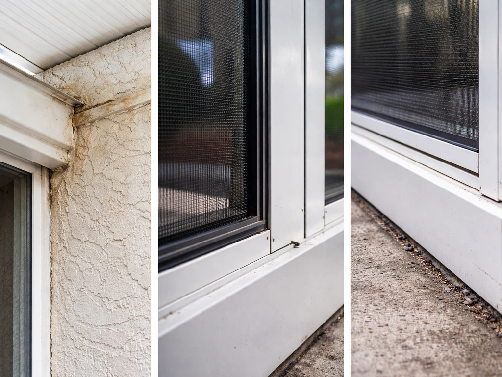 Close-up view of patio enclosure roof seam, air gaps near panels, and exposed trim gaps in a covered patio.