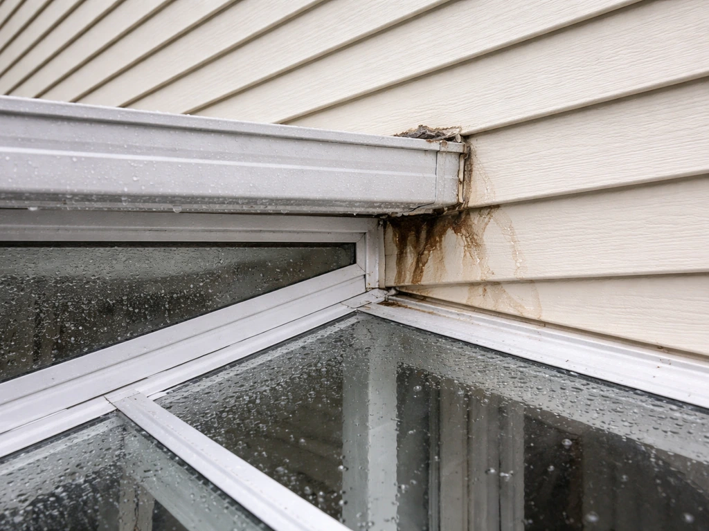 Leaking sunroom roofline where rainwater trails down the house-wall joint