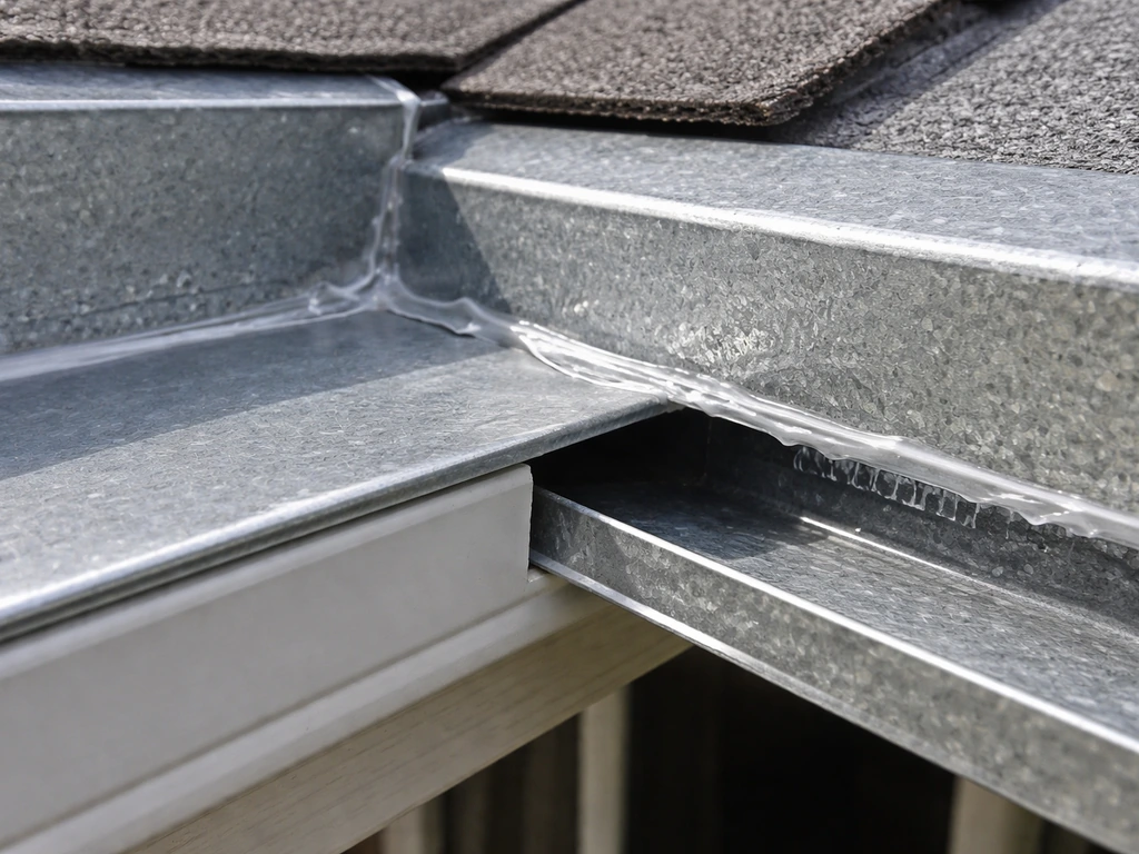 Close-up of roof-to-wall flashing, sealant bead, and drainage path on a patio cover connection