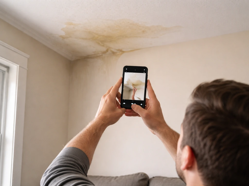 Homeowner kneeling and photographing a ceiling water-stain and ceiling joint with a phone for evidence.
