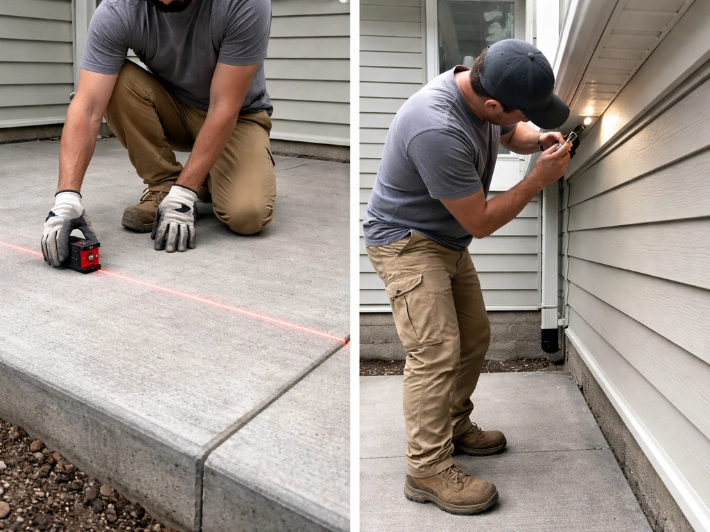Installer checks a patio slab with a laser level, then inspects seams and roofline during installation.