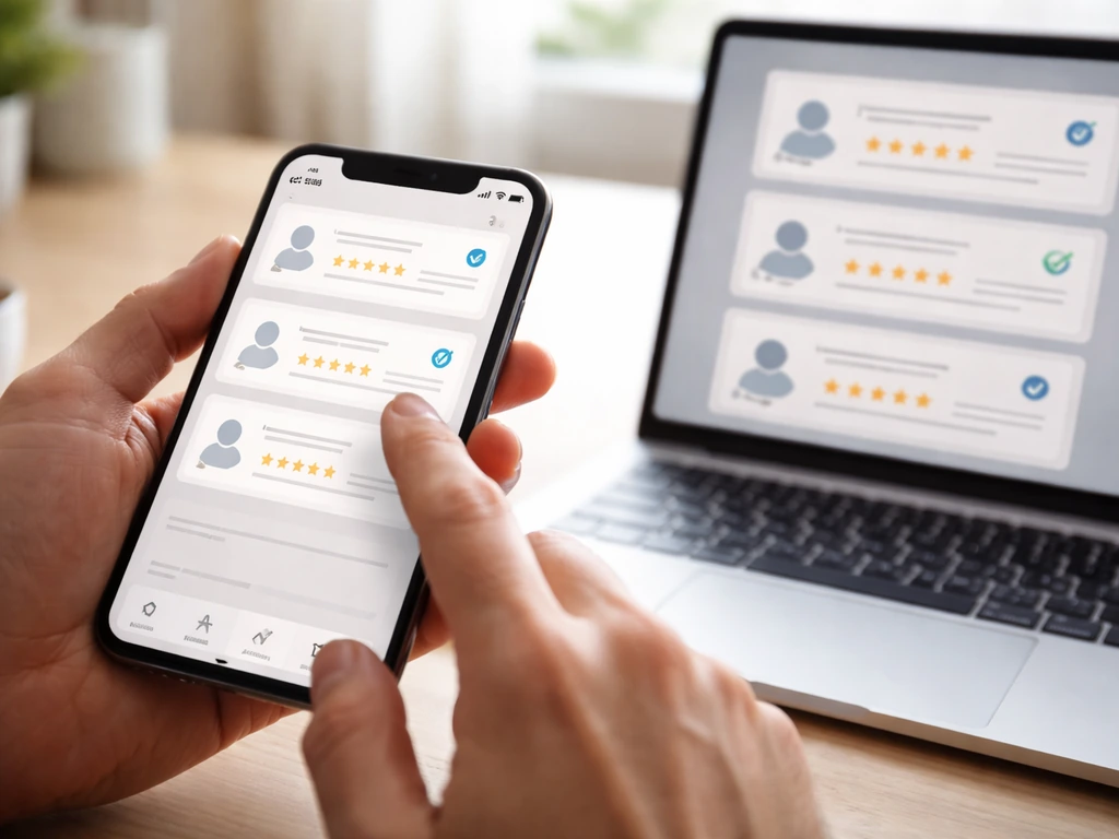 Person scanning a phone and laptop showing review cards with highlighted verified-style cues.
