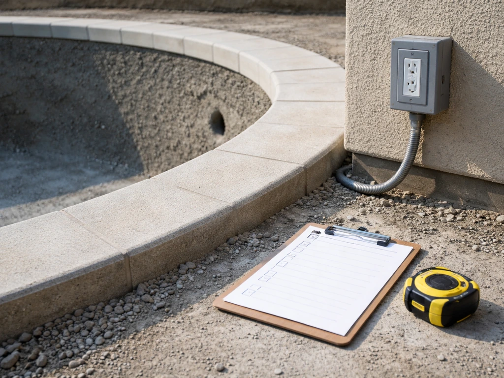 Close-up of a custom pool shell area with visible structure cues and an outdoor checklist on a clipboard