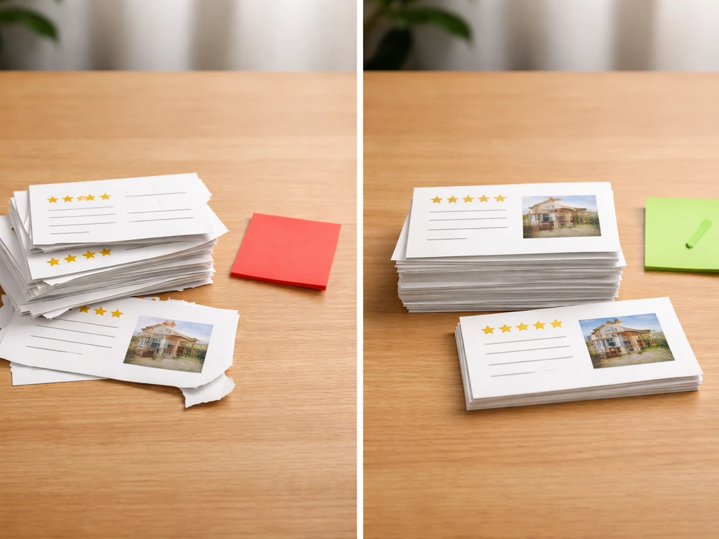 Two desk-side stacks of blank review cards: red warning details on one side, permit/inspection-style completeness on the