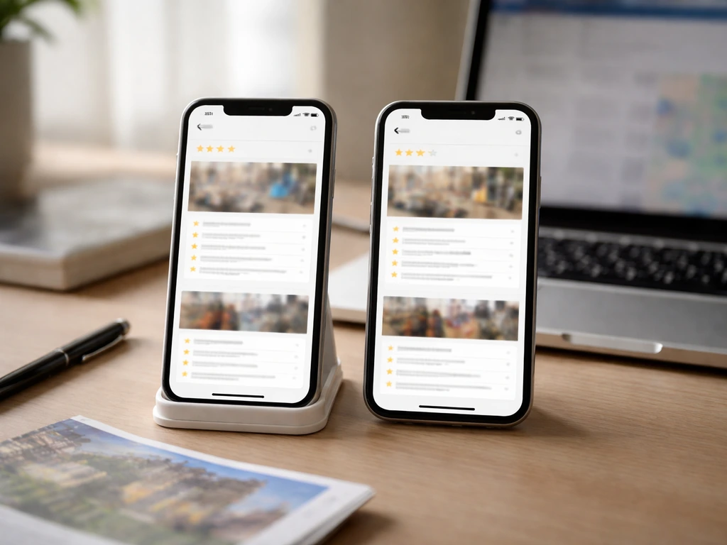Two phones on a desk with review-style layouts beside a laptop, suggesting comparing contractor platforms.