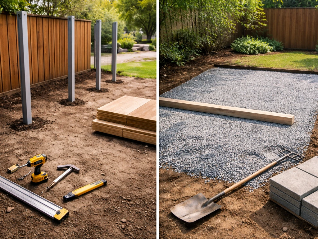 Split-screen photo of a simple backyard fence install scene and a patio surface work scene with tools