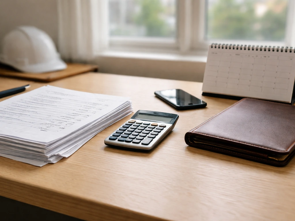 Desk with bid papers, calculator, and blank calendar suggesting pricing, contracts, timelines, and communication