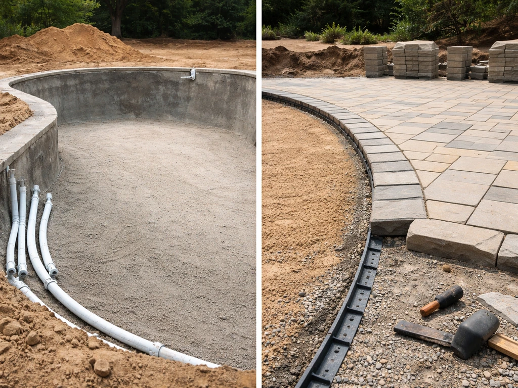 Split view: pool construction site details on one side, patio hardscape base and finish details on the other.