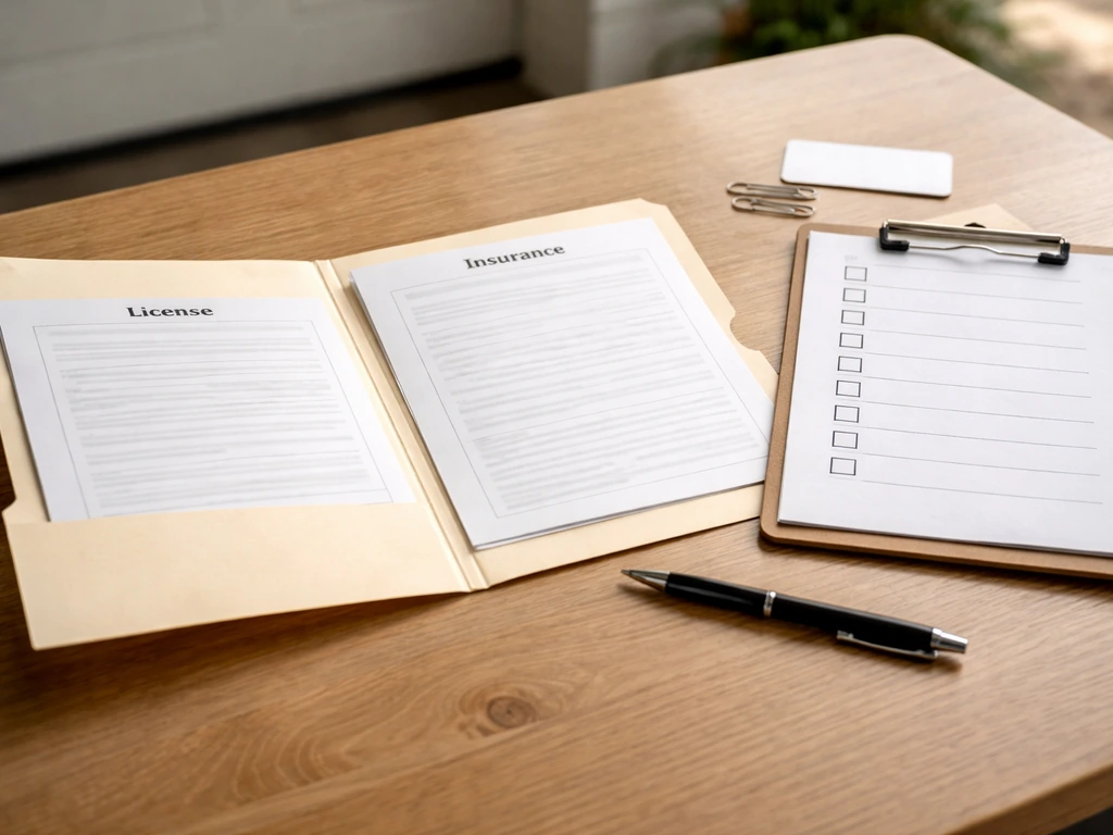Close-up of a contractor clipboard and documentation folder with checklist-style items for licensing and insurance.