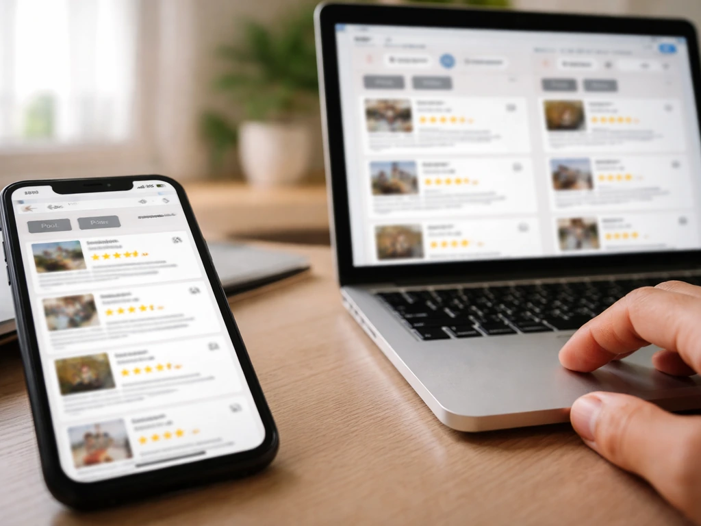 Close-up of a phone and laptop showing blurred review sites with star ratings and pool/patio filters.