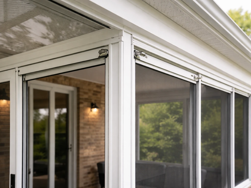 Three-season patio enclosure with glass and screens wrapped around a covered patio in Pittsburgh.