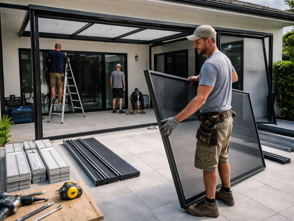 Contractors installing patio enclosure frames and panels on an exterior patio, tools staged neatly.