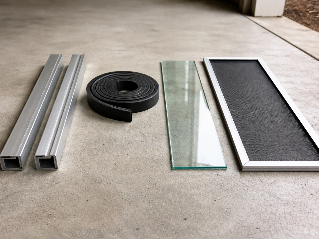 Side-by-side laid-out patio enclosure materials: aluminum framing, weatherstripping, and glass/screen components.