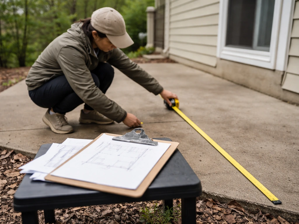 Anonymous installer measures a patio perimeter with a tape measure beside permit paperwork and a clipboard sketch.
