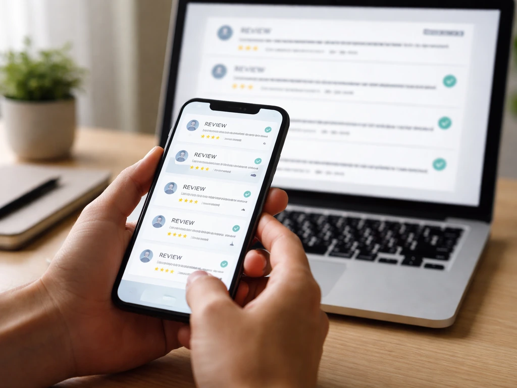 Close-up of a laptop and smartphone showing review cards and timestamps for verifying the correct patio cover contractor