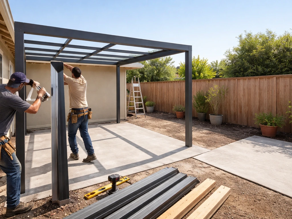 Construction crew installing a patio cover quickly with frame mid-install and materials staged in a simple backyard.