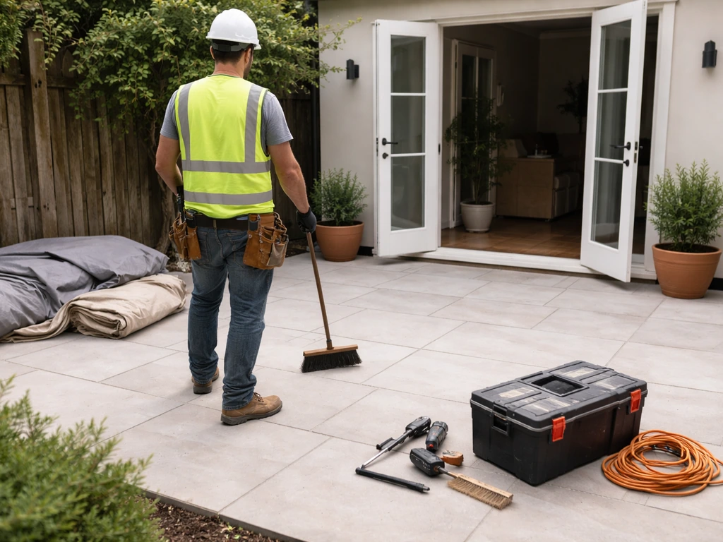 Anonymous worker sweeps and tidies a cleared residential patio after construction cleanup.