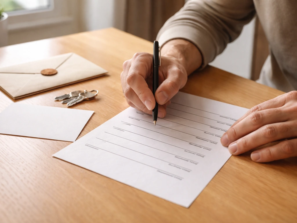Homeowner’s hands reviewing a blank permit-and-warranty checklist on a table with a pen.