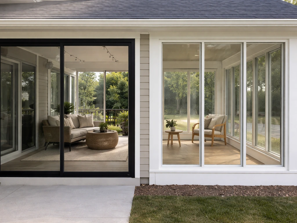 Side-by-side view comparing a glass-enclosed patio and a windowed sunroom addition.