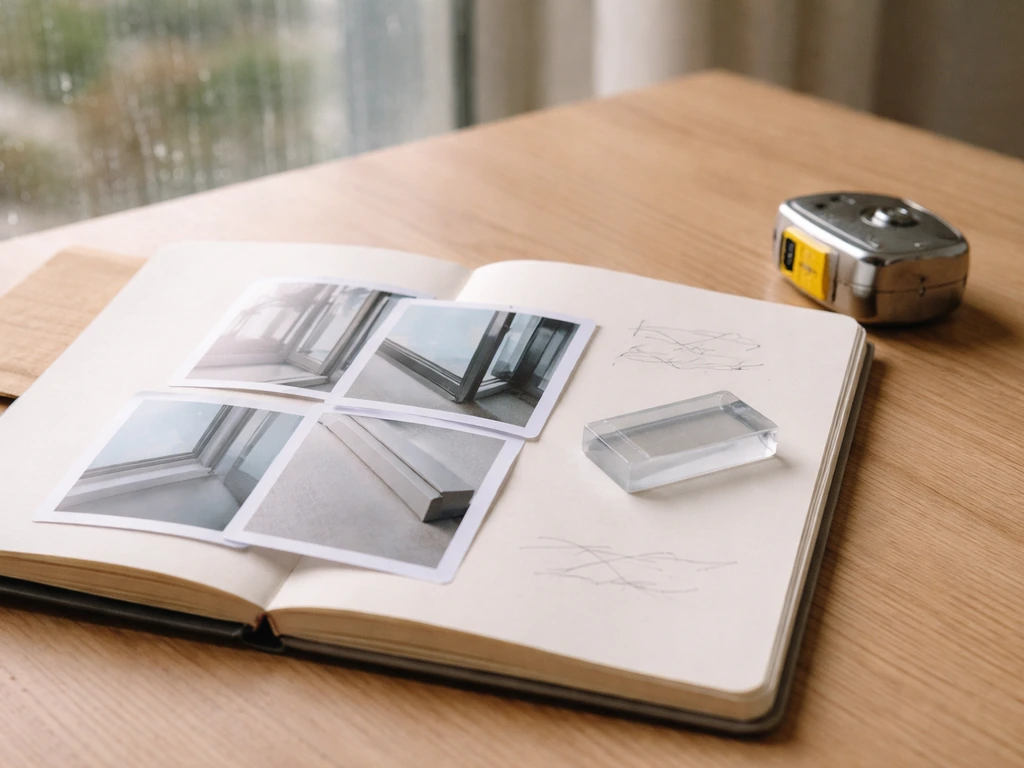 Close-up of a homeowner’s notebook with printed product photos and weatherproofing details on the page