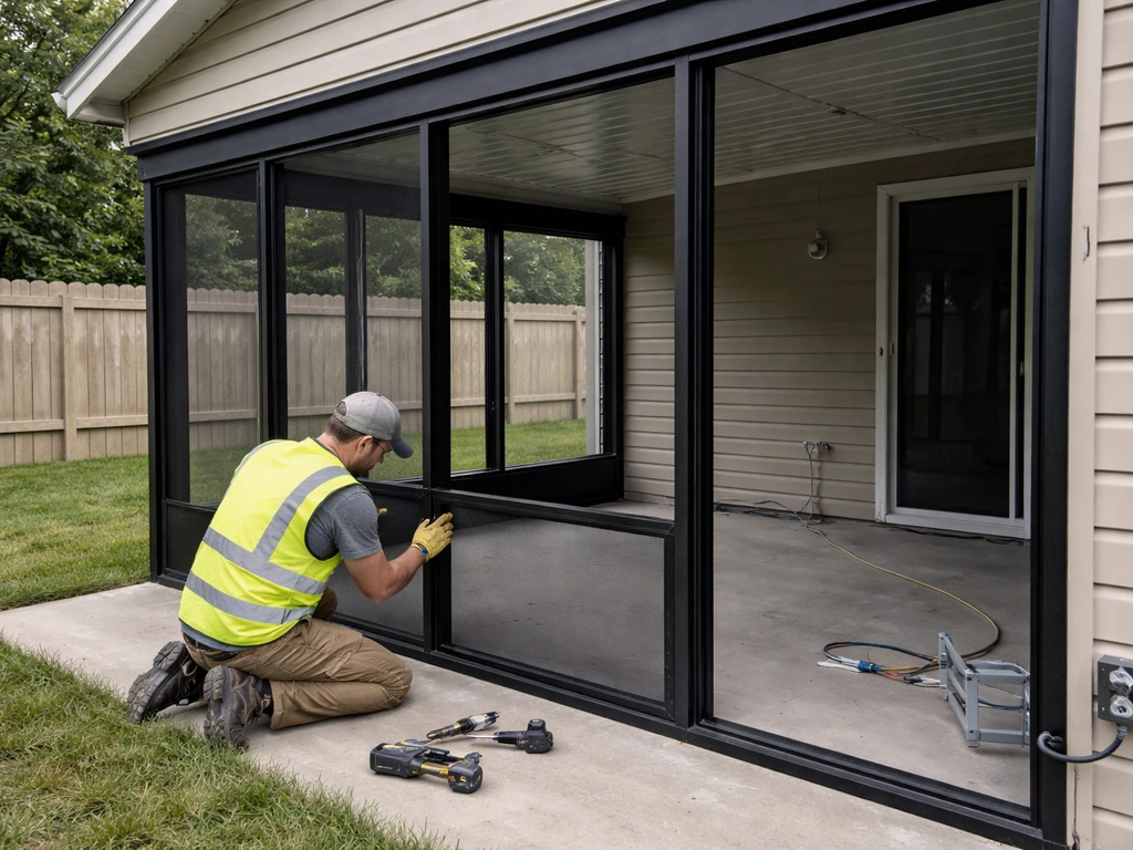 Anonymous installer fitting insect screen and solar shade track on a patio enclosure frame with conduit nearby.