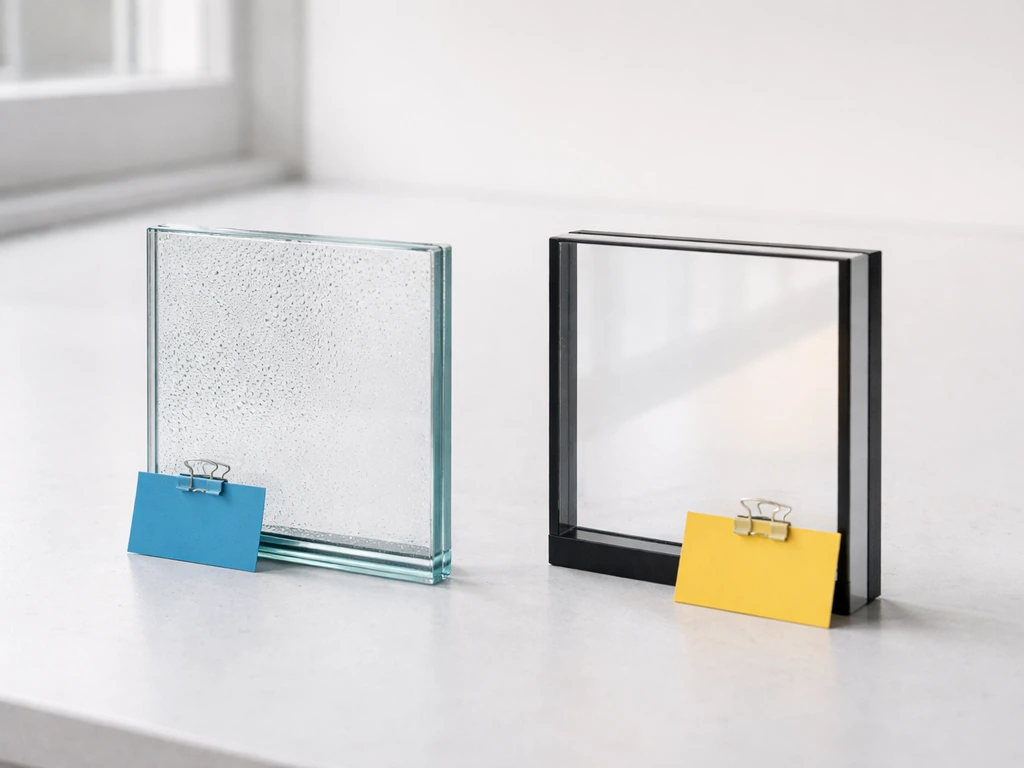 Two glass samples on a workbench: single-pane shows condensation while double-pane stays clear.