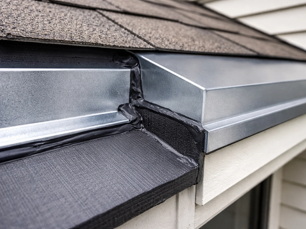 Close-up of a home roofline junction with properly installed flashing and sealed seams against leaks.