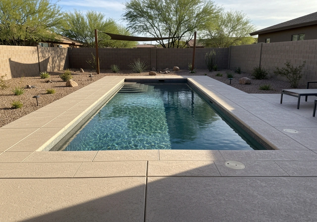 Tucson backyard with an in-ground patio pool, clear water, coping, and desert landscaping.