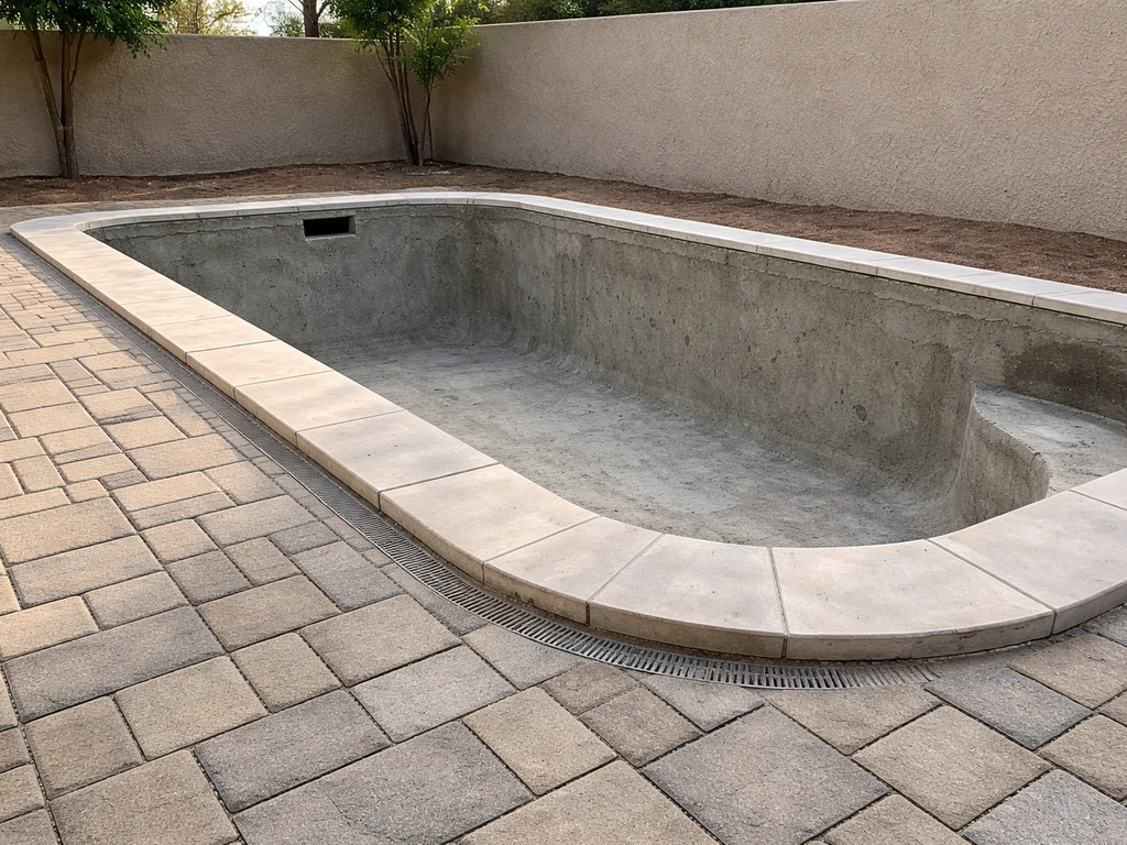 Side view of an in-ground pool shell with patio coping and stone pavers in a Tucson backyard.