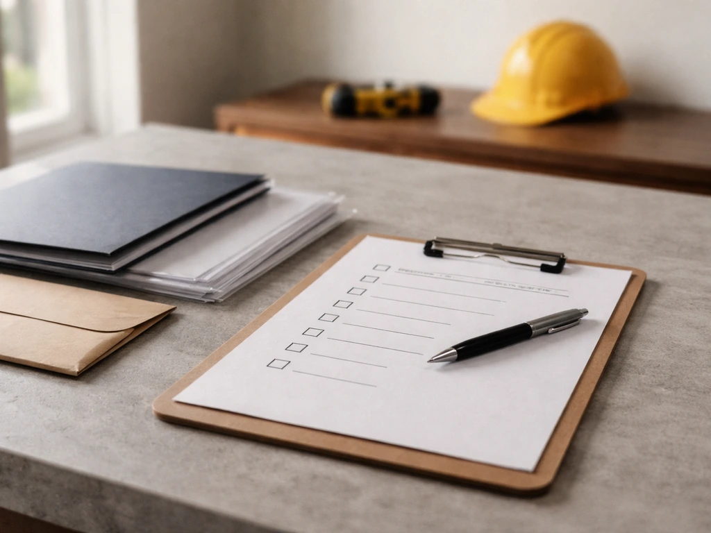 Clipboard checklist with blank paperwork, pen, and contract folder on a kitchen table, no people.
