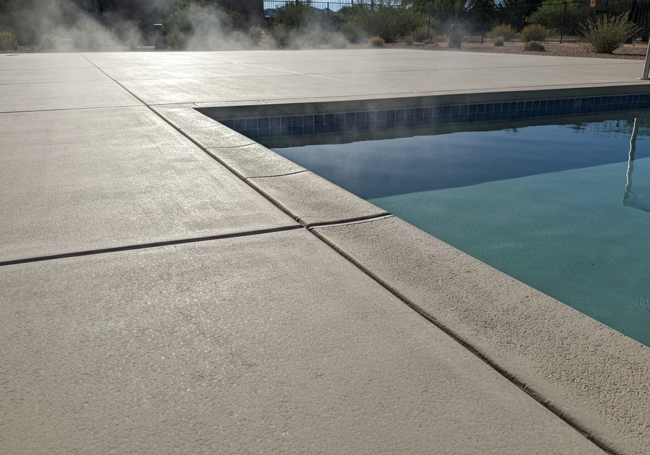 Hot concrete decking in intense desert sun with visible heat shimmer and a cooler shaded edge