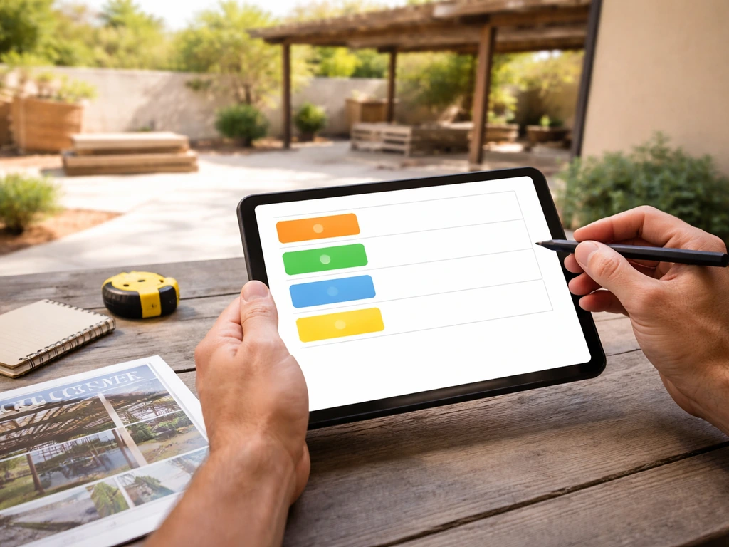Hands using a tablet checklist with colored patio-cover categories, with a Las Vegas patio blurred behind.