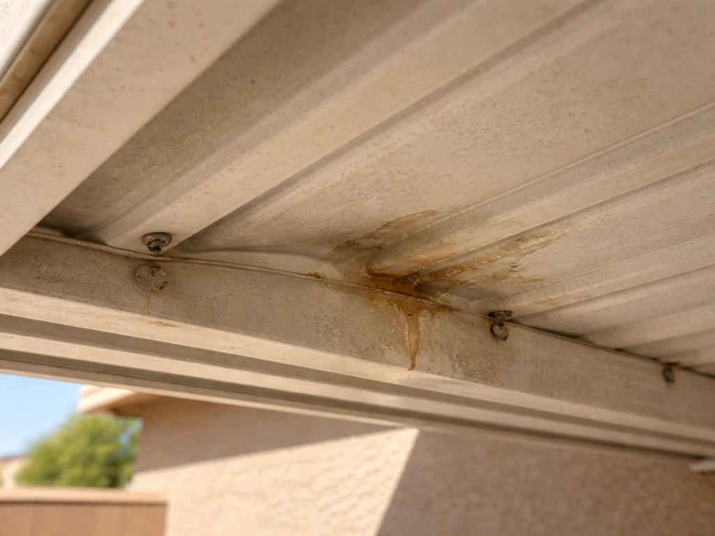Underside of a patio cover showing minor sagging, loose hardware, and a water stain/pooling area