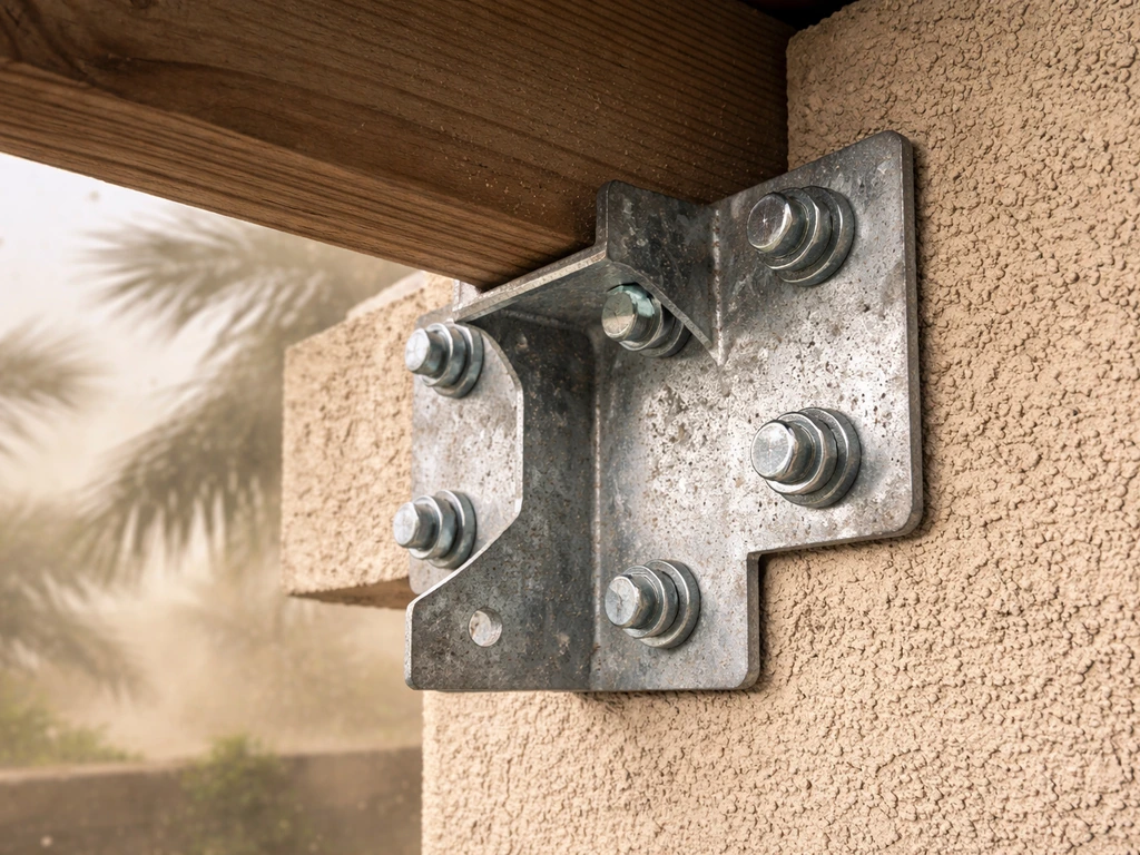Secure patio cover brackets and anchor bolts on a stucco wall with a dusty wind-blurred background.